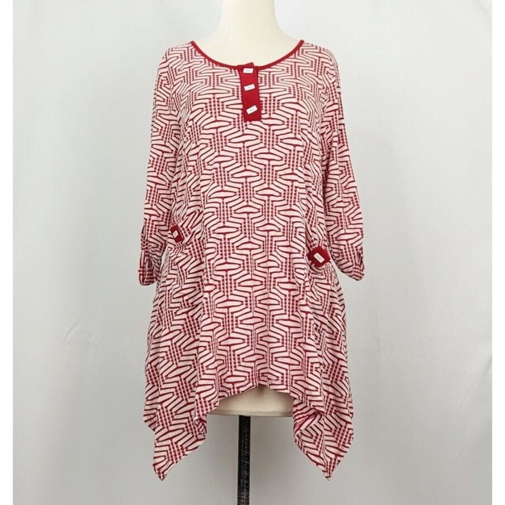 Curvesque Tunic Top Red White Textured Knit Shirt Misses Size S New Lagenlook